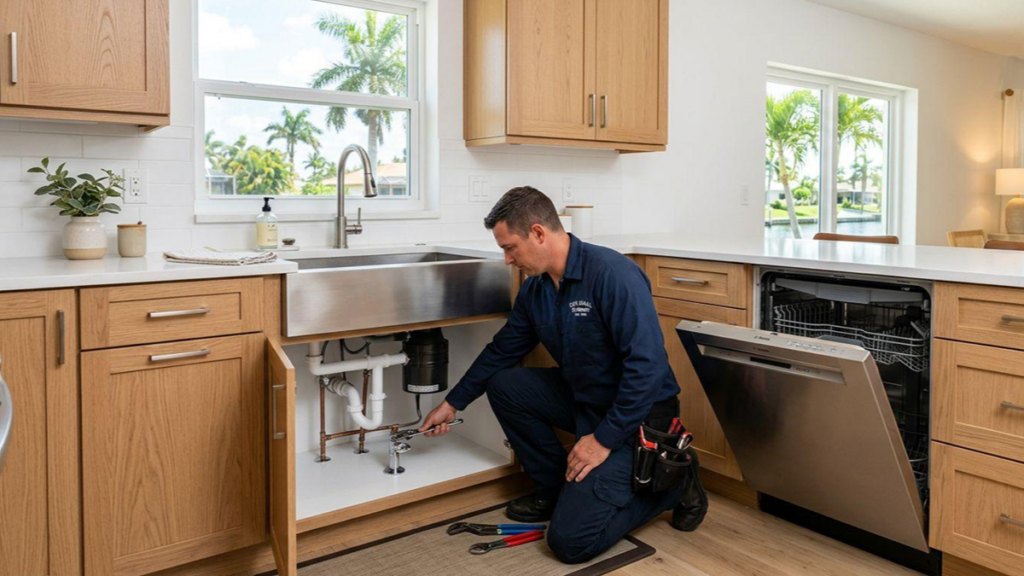 Plumber connecting a dishwasher water supply line beneath a kitchen sink