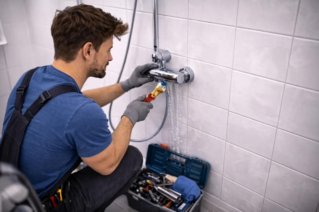 Professional plumber repairing a shower faucet in a residential bathroom in Salt Lake City
