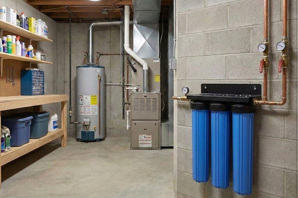 Whole-house water filtration system installed with plumbing connections in a residential utility room